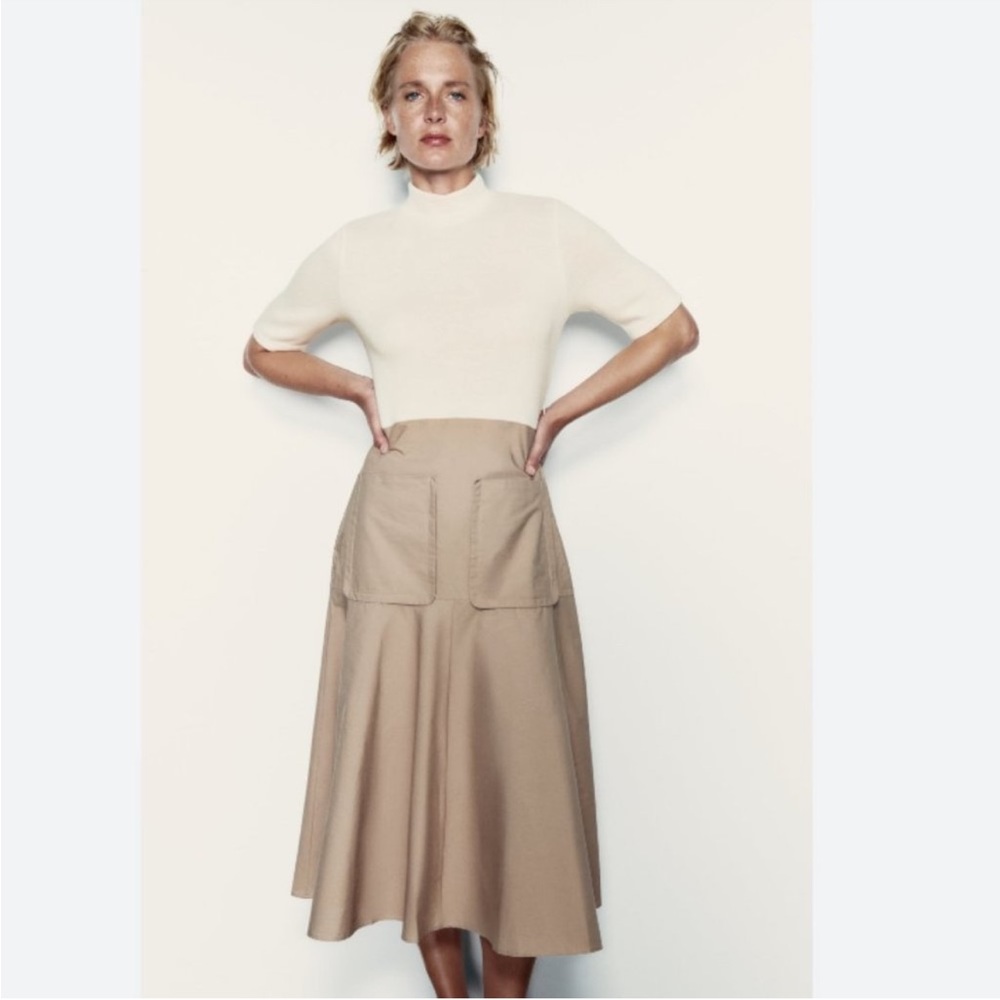 Zara Cream and Tan Midi Dress